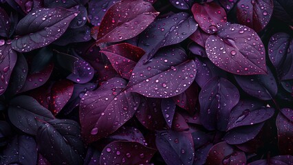 a collection of leaves in rich, dark hues, predominantly in shades of purple and red with water...