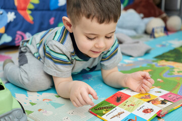 Fototapeta premium young boy reading a book with animal pictures