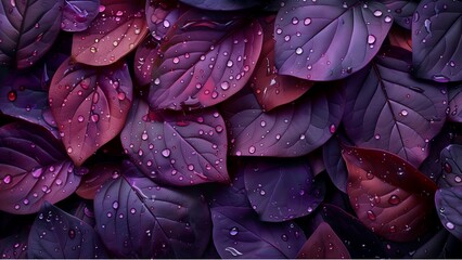 a collection of leaves in rich, dark hues, predominantly in shades of purple and red with water...