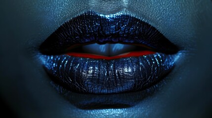 blue lipstick at the boundary, red lipstick in the center, a red lip ring accentuating the middle of her lower lip