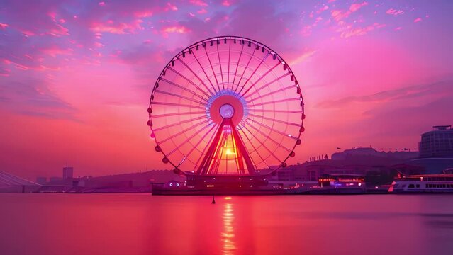 This ferris wheel is positioned on top of a large body of water. Ferris Wheel Floating on Body of Water