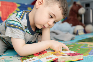 young boy reading a book with animal pictures