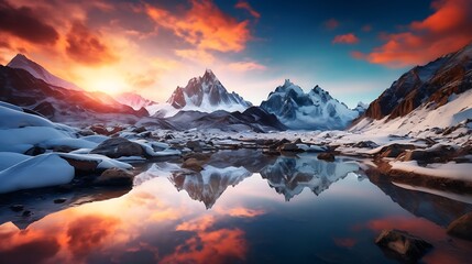 Mountain landscape with a crystal-clear lake reflecting snowy peaks under a blue sky, sunset