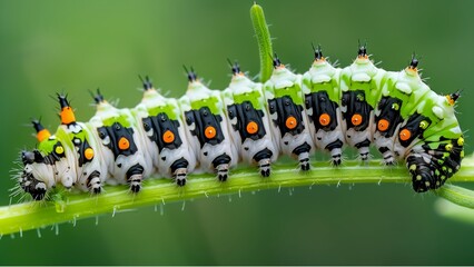 a close-up of a brightly colored caterpillar. This caterpillar has a vibrant pattern of black, white, and green with small orange spots - Powered by Adobe