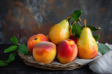 A basket of fruit including pears and peaches
