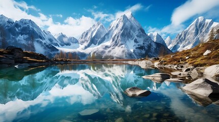 Mountain landscape with a crystal-clear lake reflecting snowy peaks under a blue sky - Powered by Adobe