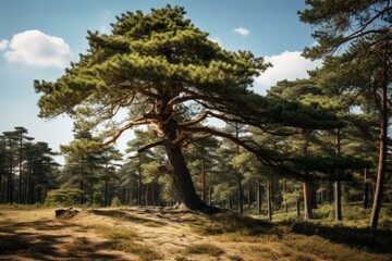 Solitary pine tree stands tall amidst a tranquil forest setting, bathed in soft sunlight