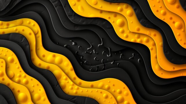  A tight shot of a yellow-black backdrop, adorned with water drops at its base Inferior part exhibits a wavy black-yellow pattern