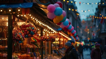 The stand is adorned with fairy lights and bright balloons making it stand out against the dreary backdrop of buildings.
