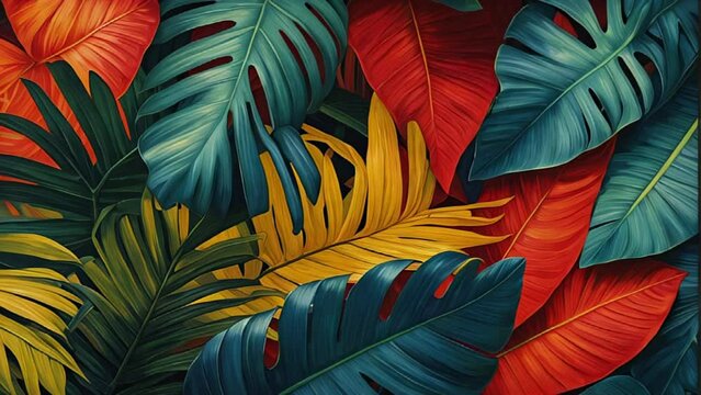 abstract vivid leaf texture, nature background, tropical leaf in shades of green, yellow , blue, red.