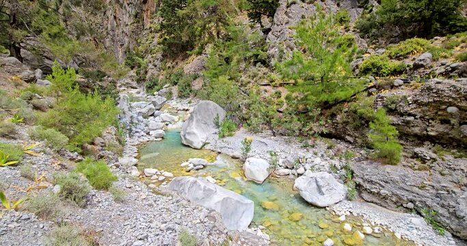 Samaria Gorge in Crete, wild crystal clear river flowing in the riverbed with rocky mountains around and lush green vegetation. 