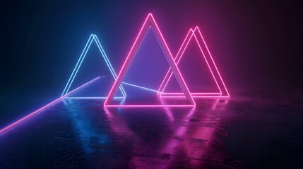 3D Render of Abstract Neon Background with Glowing Triangles