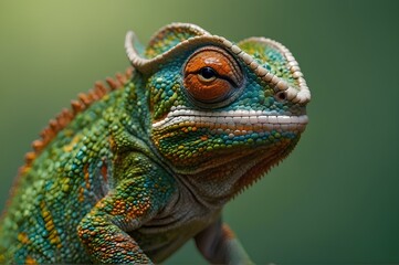 Obraz premium Colorful Chameleon Close-Up on Green Background