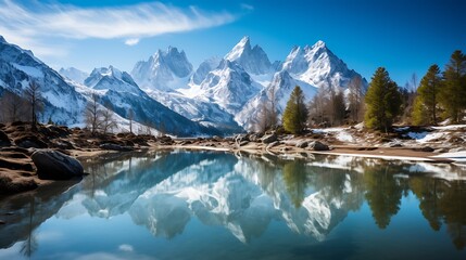 Naklejka premium Mountain landscape with a crystal-clear lake reflecting snowy peaks under a blue sky