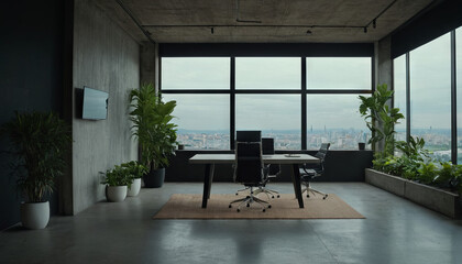 Fototapeta premium A room featuring a table, chairs, plants, and a large window providing ample natural light