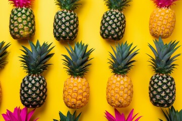 Vibrant pattern featuring fresh pineapples arranged neatly on a bright yellow backdrop