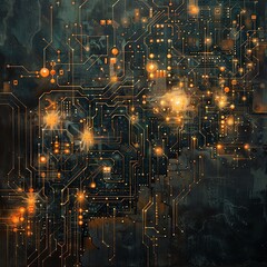 Abstract digital circuit board with glowing lights.