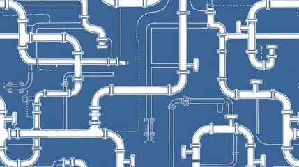 Horizontal industrial seamless pattern: white piping on a blue background for water, gas, oil. Illustration in line art style.