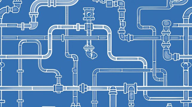 Horizontal industrial seamless pattern: white piping on a blue background for water, gas, oil. Illustration in line art style.