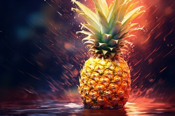 Dynamic image depicting a pineapple with water droplets and splashes against a colorful backdrop