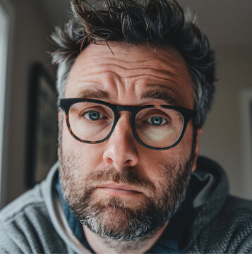 photo of a frumpy caucasian dad, Wearing glasses, looking at a camera