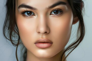 Fototapeta premium The face of a beautiful woman close-up. Beautiful teeth. Feminine beauty.
