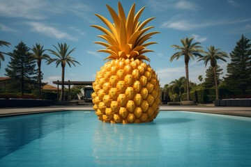 Inflatable pineapple pool float under clear skies by a tranquil swimming pool with palm trees in the background