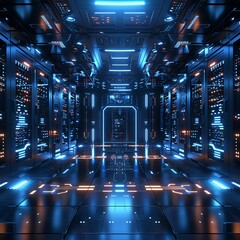 Futuristic server room with blue neon lights and glowing digital panels.