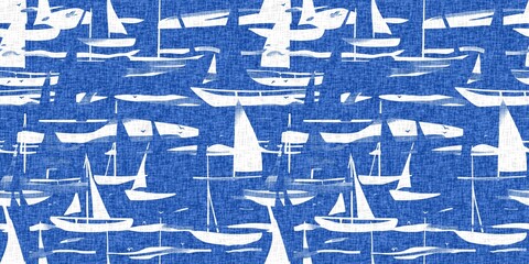 Coastal sail boat in azure ocean blue seamless border background. Modern sailing boat block print for decorative coast interior furnishing fabric for rustic linen beach cottage banner trend. 