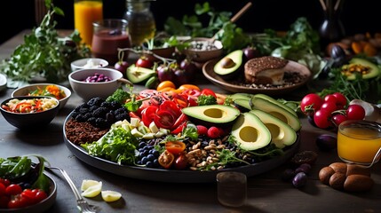 Elegant dining table with a variety of healthy and colorful foods, perfect for a brunch