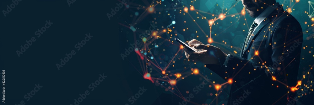 Poster digital technology banner with a businessman holding a smartphone and depicting a digital global net