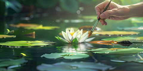 Green: A skilled artist meticulously paints a delicate water lily on a serene pond, reflecting the beauty of nature