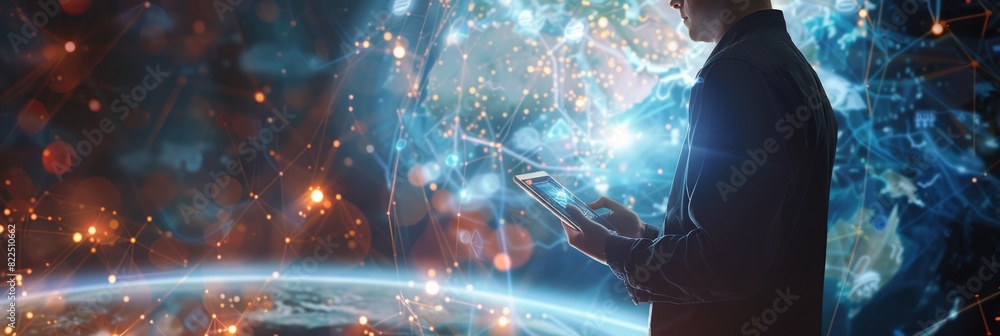 Poster businessman using a smartphone and tablet with a global network connection, representing a data tran