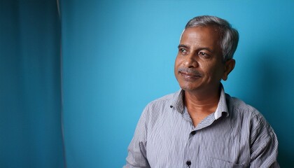 An Indian 65 years old men with a thinking expression on his face in front of the plain blue background