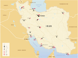 Fototapeta premium Iran map with military bases and neighbor countries. Vector map illustration. Geopolitical set concept.