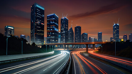 Obraz premium The light flow of traffic on an evening highway in a city with modern high buildings Background wallpaper.-generative AI