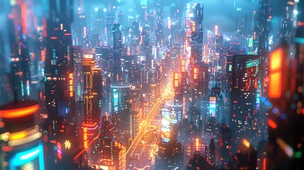 Fototapeta premium Futuristic cityscape with glowing neon lights and towering skyscrapers.