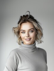 Attractive face of a young beautiful smiling woman. Feminine beauty.