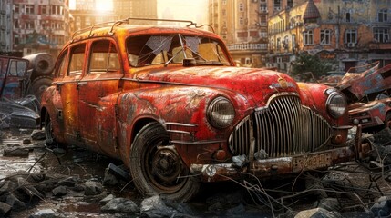 Dilapidated automobile, a relic of the past, sits against backdrop of urban decay.