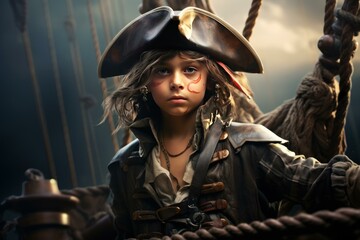 Portrait of a child in pirate costume with dramatic lighting on a sailboat during golden hour