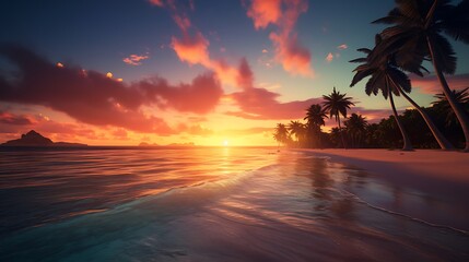Relaxing scene of a tropical beach with white sand, palm trees, and a spectacular sunset