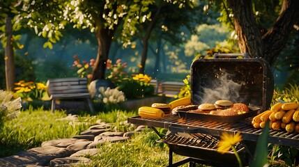 A well-used barbecue grill with sizzling burgers and corn on the cob, with a lush green park surrounding it - Powered by Adobe