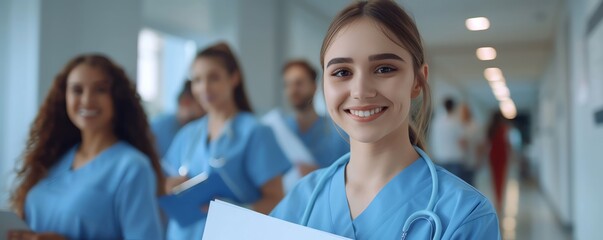 Registered nurses in scrubs, smiling and holding medical charts, in a bright hospital corridor, copy space for text, isolated on white background