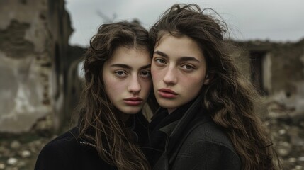 Fototapeta premium Female portrait against ruined structures, apocalypse atmosphere, black, survival.