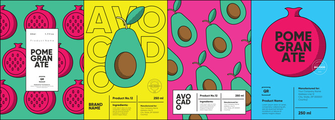Set of labels, posters, and price tags features line art designs of fruits, specifically pomegranates and avocados, in a vibrant, minimalistic style.