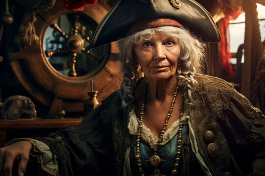 Mature woman dressed as pirate captain with a determined look, steering the ship's wheel