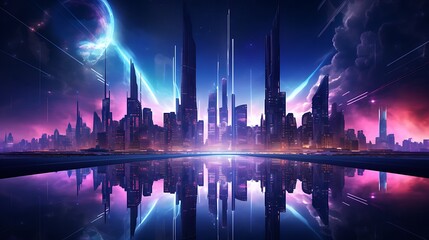 Panoramic view of a futuristic city with skyscrapers illuminated by neon lights at night,