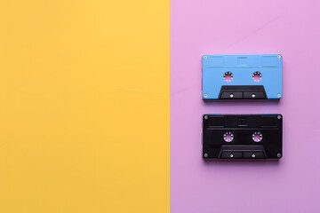 Fototapeta premium Two radio cassettes, blue and black, on a colorful pastel background. Flat lay concept.