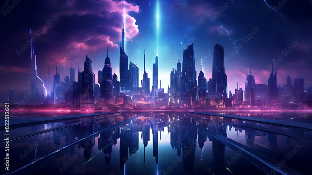 Wall mural Panoramic view of a futuristic city with skyscrapers illuminated by neon lights at night,