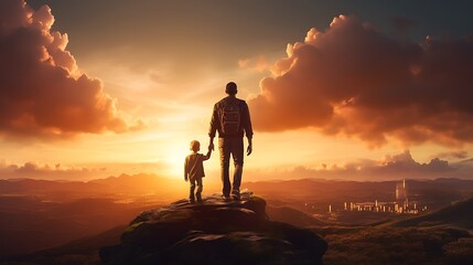 Fathers day. Back view of a little child boy sitting on his fathers shoulders holding hands and looking into the distance enjoying sunset. Father walking with son outdoors.